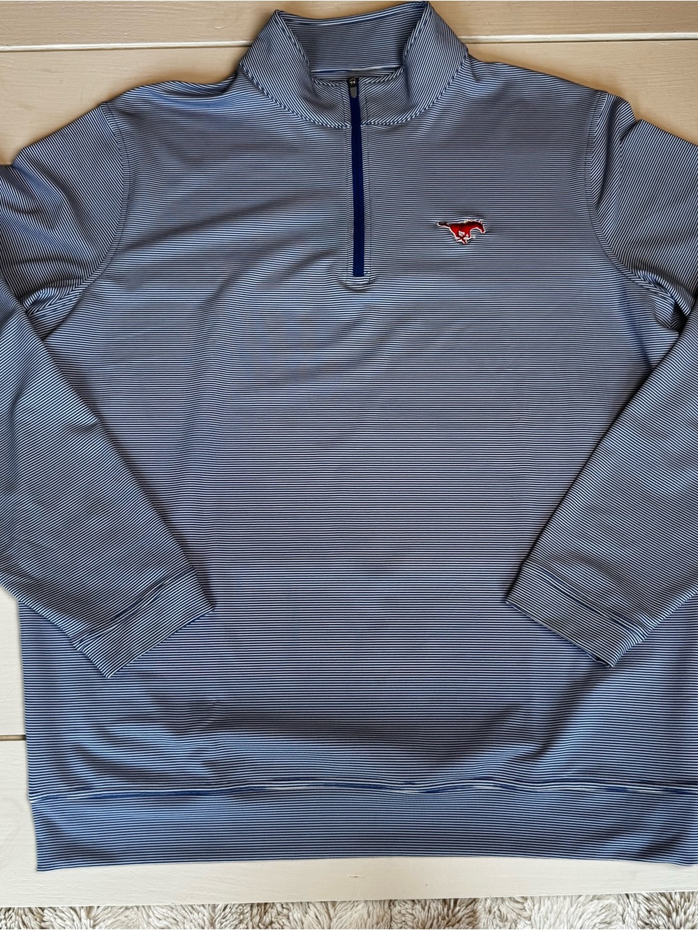Peter Millar Men's Blue White SMU Striped Quarter-Zip Performance Sweater
